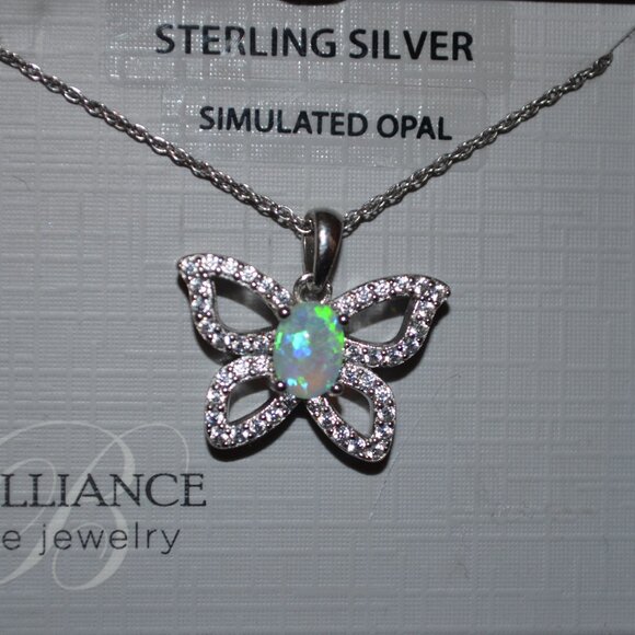 BRILLIANCE Fine Jewelry Sterling Silver Simulated Opal Butterfly Necklace Chain - Picture 2 of 3